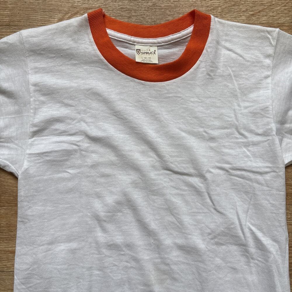 Deadstock 70s 80s Mayo Spruce Ringer T Shirt 50/50 Youth L White Orange Blank